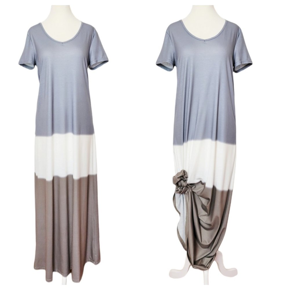 Misslook Maxi Dress Slate Blue Color Block Wide Striped Short Sleeve Long Dress